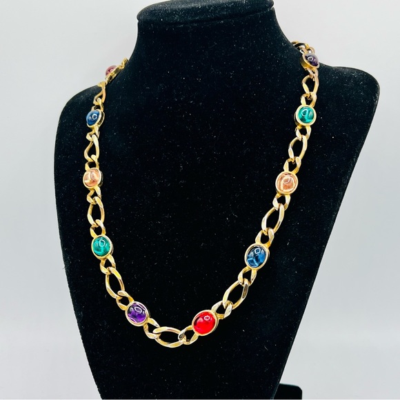 Vintage Jewelry - Vintage gold necklace colorful glass cabochons 19” statement jewelry